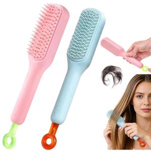 Self Cleaning Hair Brush 2-Pcs, Retractable Cushion Massage Comb for Women, One-Click Clean, Travel-Size Flexi Brush, Anti-Static Scalp Massage