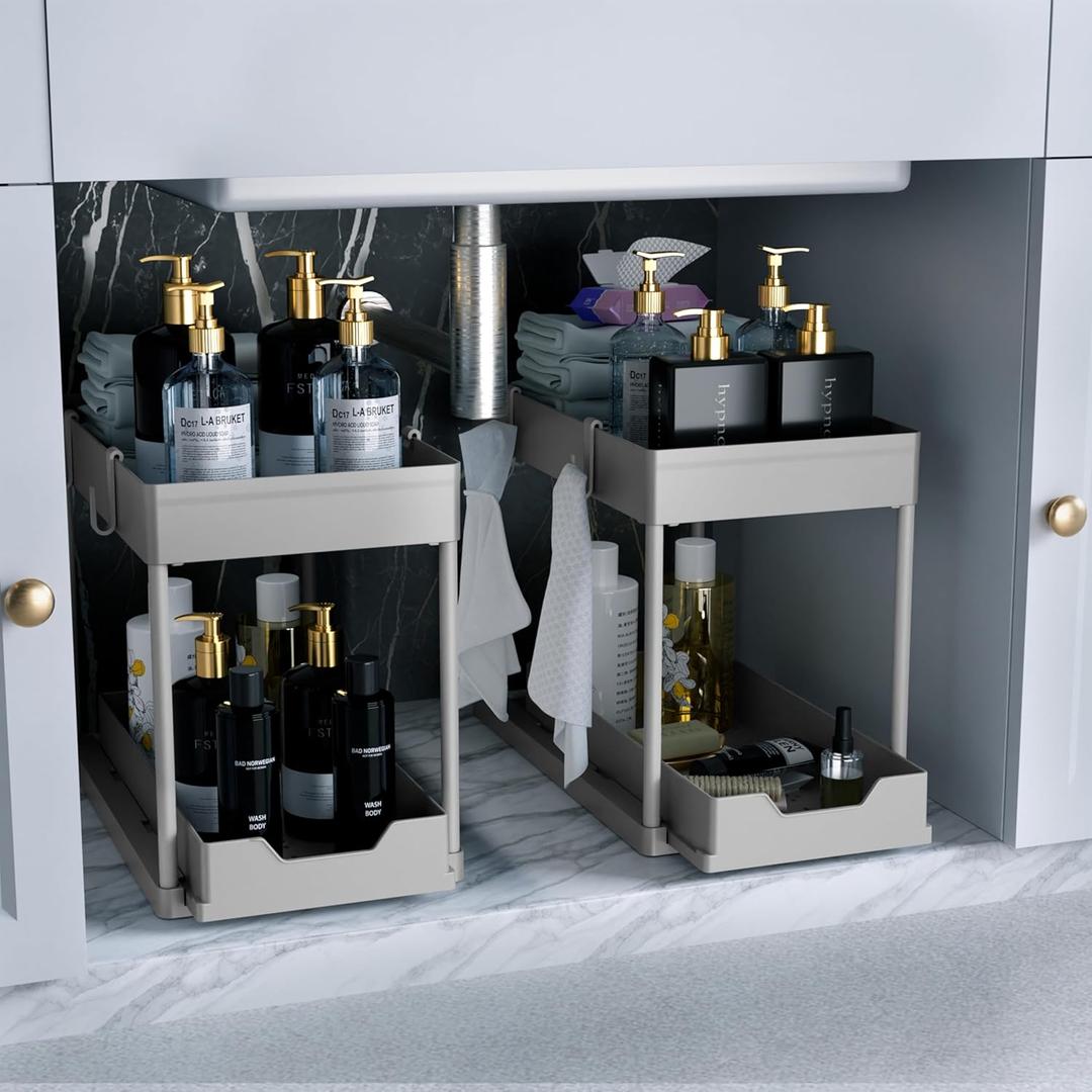 DEKAVA Under Sink Organizer 2 PackBathroom Cabinet Organizer 2 Tier Sliding Cabinet Basket Organizer Drawer, Multi-Purpose Bath Collection Baskets for Bathroom (Grey)