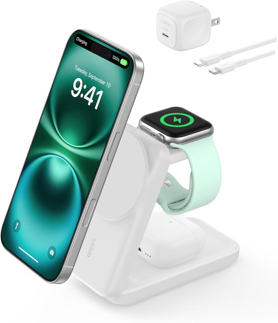 Belkin MagSafe Charger Compatible, 3-in-1 Charging Station, Qi2.2 25W Magnetic Wireless Charger Dock, Foldable Charging Stand for iPhone 17/16/15, Apple Watch, AirPods, Pixel 10 (45W Adapter Included) (White)