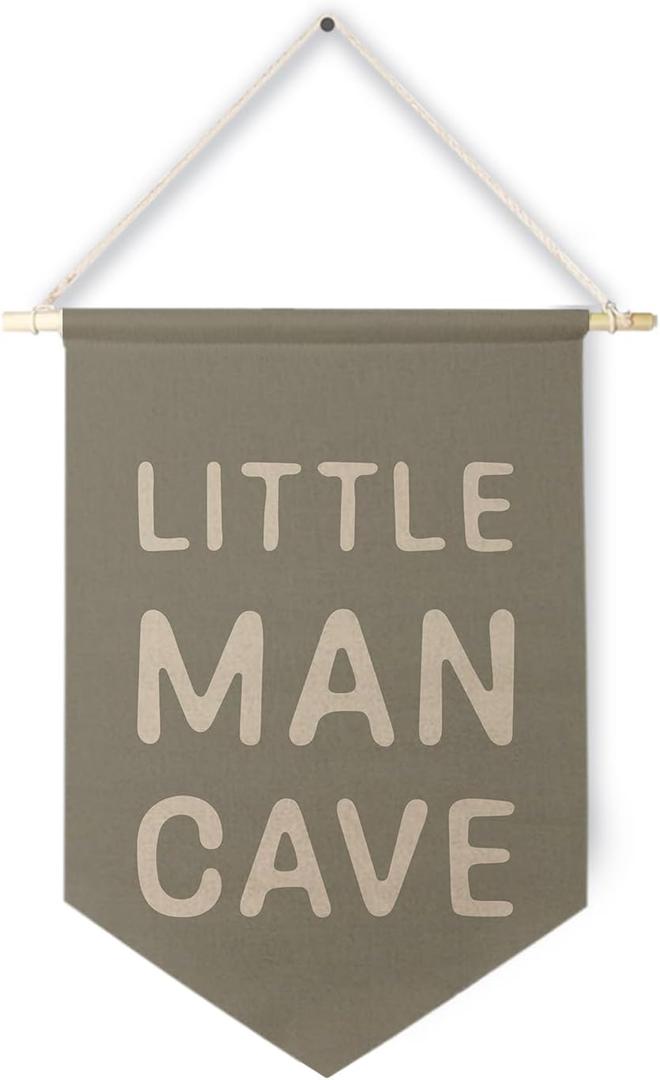 Qpenm Little Man Cave Hanging Wall Canvas Banner, Kids Playroom Hanging Pennant Flag Prints,Sage Green Nursery Boy Wall Decor, Baby Boy Wall Art 12x18in