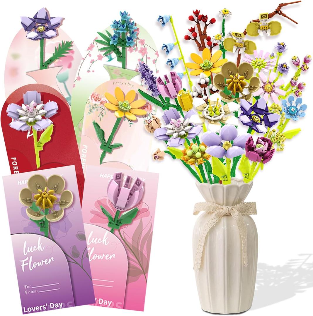2 x Valentine's Day Gifts Party Favor 24Pcs Gifts Flowers Bouquet Botanical Building Block Sets Home Plant Decor Birthday Gifts for Adults Women Boys Girls 8-12+