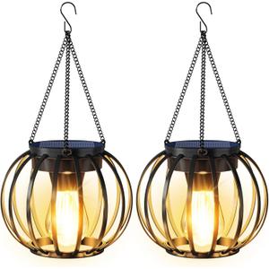 Solar Lanterns Outdoor Waterproof 2 Pack, 14.37" Metal Hanging Solar Lights for Outside with Auto On/Off & Hook - Brighter Hanging Outdoor Lanterns Decorative Lighting for Garden Patio Yard
