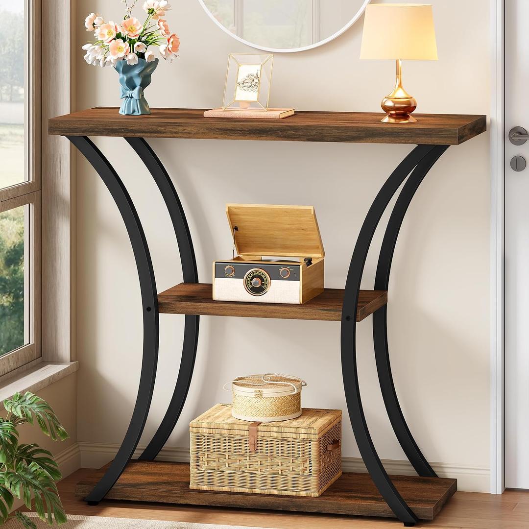 Hoctieon 3 Tier Console Table with Open Wood Shelves, Decorative Entryway Table with Curved Metal Frames, Narrow Sofa Table for Entrance, Living Room, Hallway, Rustic Brown+Black, 31.5 inches x 11.8 inches x 31.5 inches