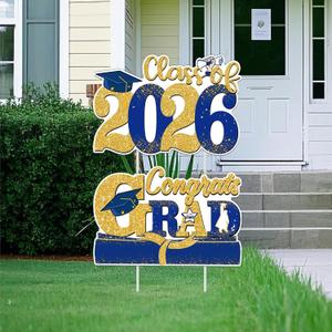 Graduation Decorations Class of 2026, Large Size Graduation Yard Signs, Congrats Grad Yard Sign with Stakes, Graduation Party Decorations Outdoor (Blue & Gold)