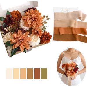 Lookein Chic Terracotta Artificial Flowers Combo& Silk Ribbon for Wedding DIY Bouquet Table Centerpiece Bridal Shower Party Decoration