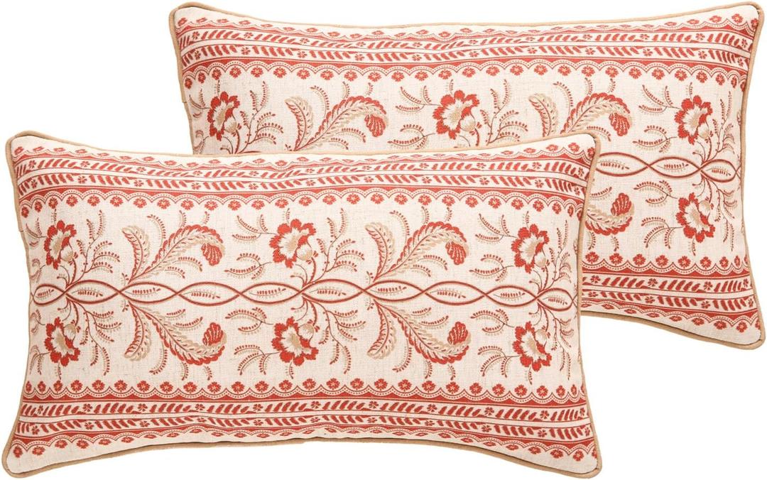 Design Euro Linen Rectangle Throw Pillow Covers 12"x20" Pack of 2, French Country Cushion Covers with Orange Morris Floral Pattern Decoration Pillowcases for Bed, Living Room, Outdoor, Car