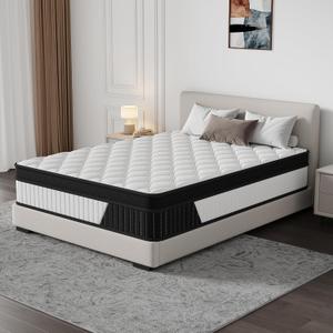 12 Inch Queen Mattress Individually Wrapped Coil Hybrid, Cooling Knitted Cover & Ventilated Foam, Medium Soft with Targeted Body Support, Certified Fire-Resistant, Bed in a Box