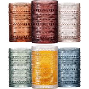 Mfacoy Colored Hobnail Drinking Glasses Set of 6, 12oz Vintage Kitchen Glassware, Embossed Beaded Glass Cups, Water Glasses, Beaded Colorful Water Tumbler for Cocktail, Juice and Various Mixed Drinks, Large
