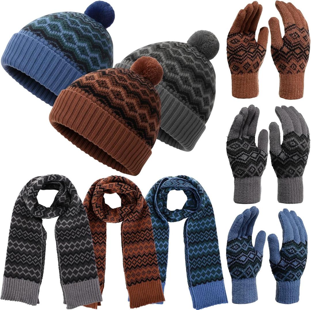 12 Pcs Winter Beanie Hat Scarf Gloves Set for Men Women Winter Warmer Gift Poms Knit Beanie Long Scarf Gloves (Classic Color)