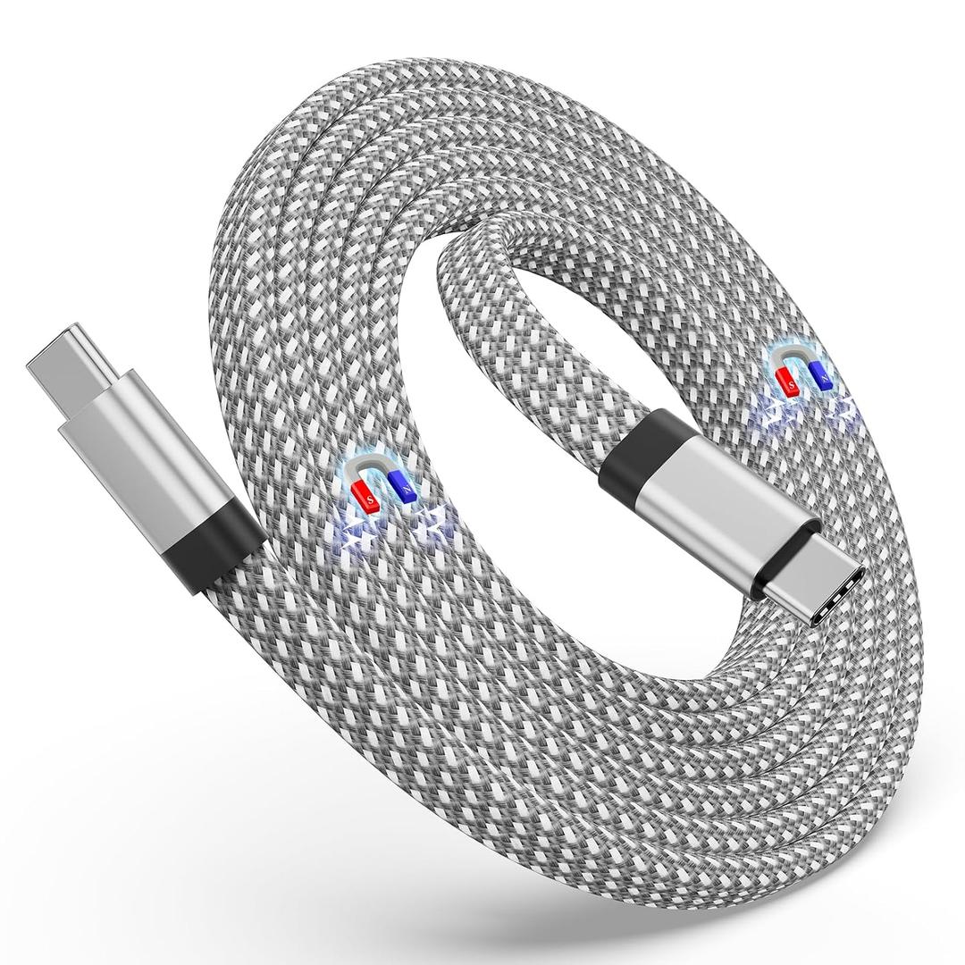USB C Cable, Magnetic USB C to USB C Cable 60W(3A), 5ft Coiled USB C Cord, Flat Nylon Braided Type C Fast Charging Cable Compatible for USB C Device for Pad for Samsung Galaxy, Silver