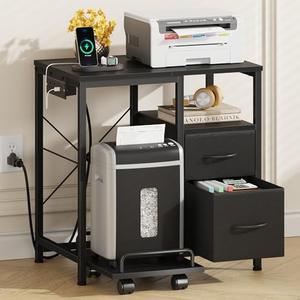YAOHUOO Printer Stand with Power Outlet/Fabric Drawers, Printer Cabinet with Storage Shelf and Rolling Shredder Stand, Printer Table for Home Office, 22.8"×14.9" Black