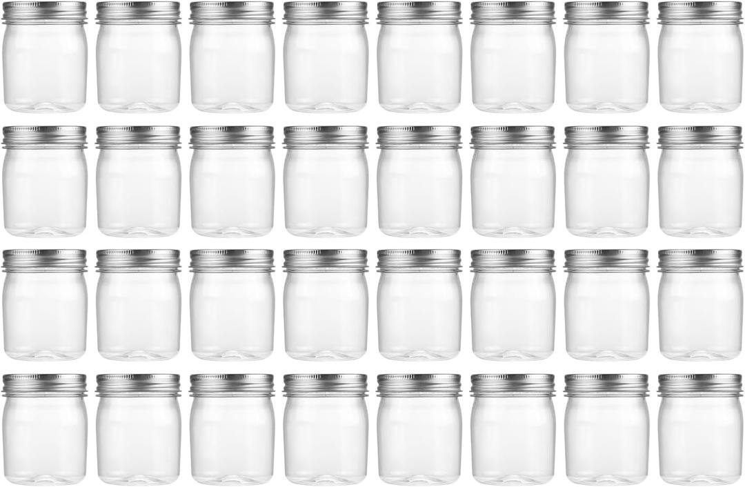 19 x novelinks 8 oz Clear Plastic Jars with Airtight Lids, 32 Pack Plastic Mason Jars with Lids 8oz, Refillable Storage Slime Containers & Small Spice Jar for Kitchen Organization (32 Pack,Silver)