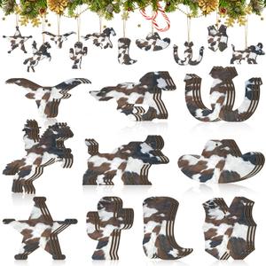 Huwena 30 Pcs Christmas Western Ornaments Wooden Cowboy Ornaments for Christmas Tree Hanging Cowboy Hat Cactus Boots Farmhouse Western Theme Home Decorations for Xmas Tree Party Decor