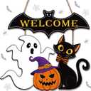 Capoda Halloween Wooden Door Signs Ghost Welcome Wreath Decorations Pumpkin Bat Black Cat Front Door Hanging Sign Halloween Wall Hanger for Farmhouse Indoor Home Outdoor Party Decor