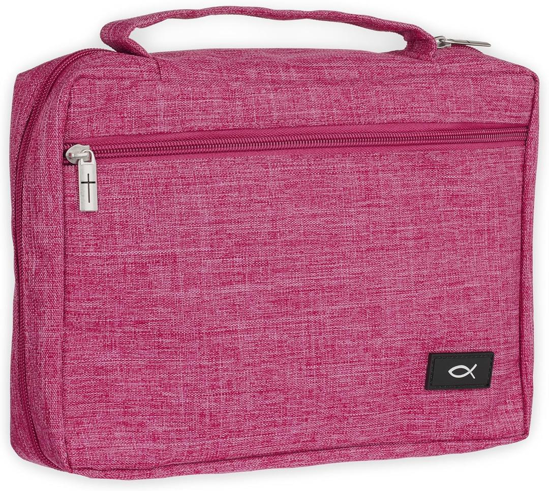 Christian Art Gifts Polyester Bible Cover for Men & Women w/Jesus Fish Patch, Secure Zipper Pocket, Pen Loops, Easy Carry Book Case for Stationery, Accessories, Pink, XL  