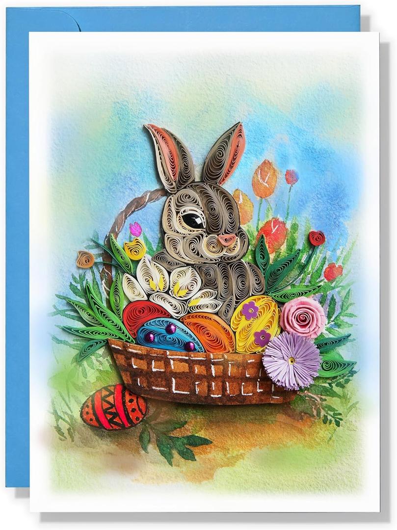 Happy Easter Day Card, Cute Bunnies Eggs Flowers Card, Seasonal Holiday Quilling Card, Quilled Greeting Card for Kids Family, Friend, Husband, Wife with Envelope (Cute Bunny)