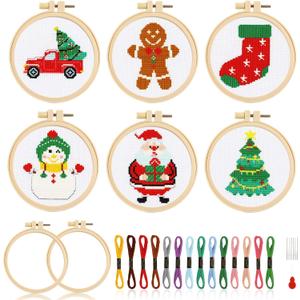 ZOIIWA 6PCS Christmas Cross Needle Kits for Beginners DIY Embroidery Kit for Kids Adults Needlepoint Starter Kits Craft with Santa Snowman Gingerbread Man Socks Christmas Tree Truck Craft Supplies