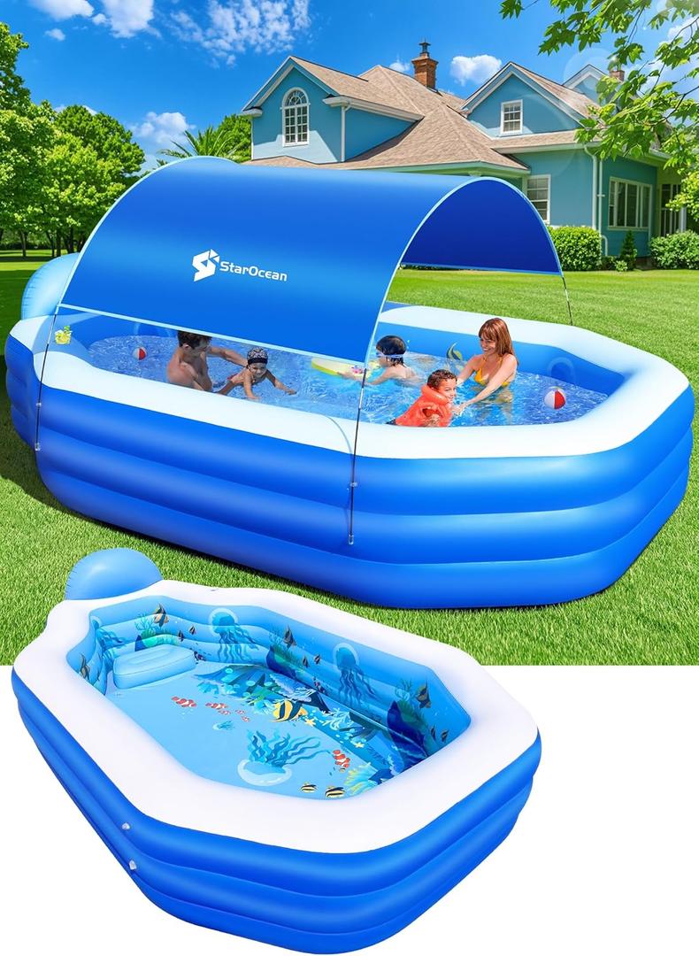 StarOcean Inflatable Pool with Canopy, Large Inflatable Swimming Pool for Kids,Adult, Blowup Pools with Seats,Backrest.Durable Thickened Inflatable Family Pools for Backyard,Dark Blue-118"x75"x22"
