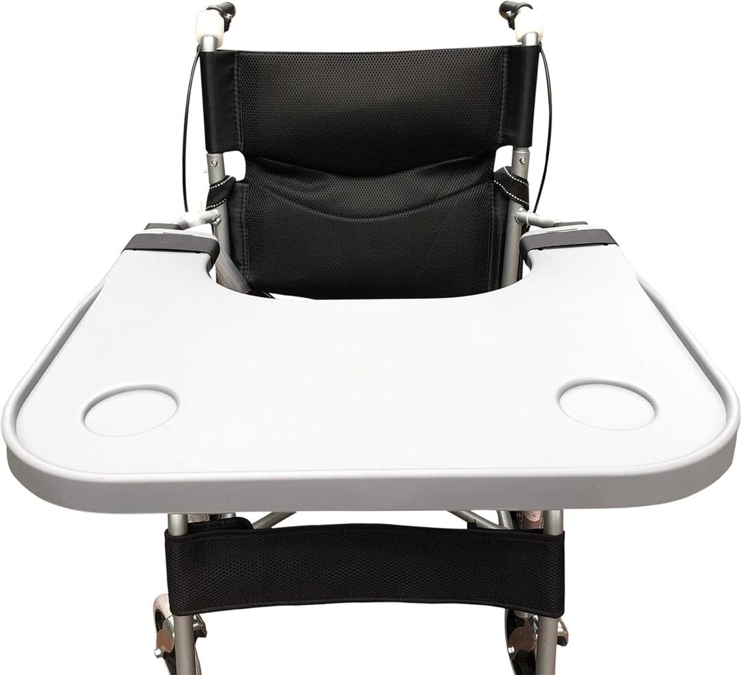 Wheelchair Tray Table with Cup Holder, Removable Wheelchair Lap Tray, Medical Portable Wheelchair Desk Accessories for Eating, Reading, Resting, Fits Wheelchair Arms of 16" - 20", with Secure Straps