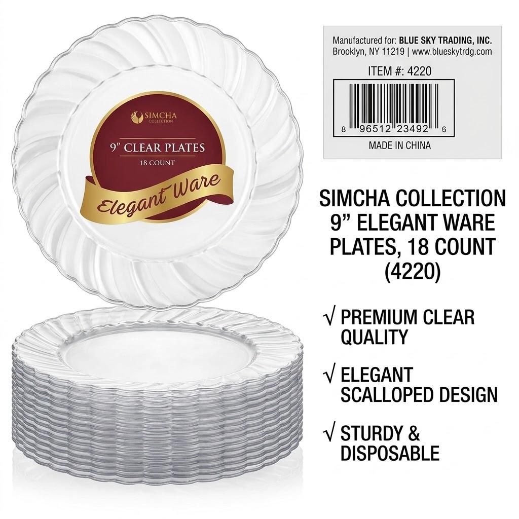 SIMCHA Collection 9" Clear Plastic Plates (18 Pack) – Elegant Scalloped Rim Disposable Party Plates for Weddings, Catering, Holidays & Special Events 