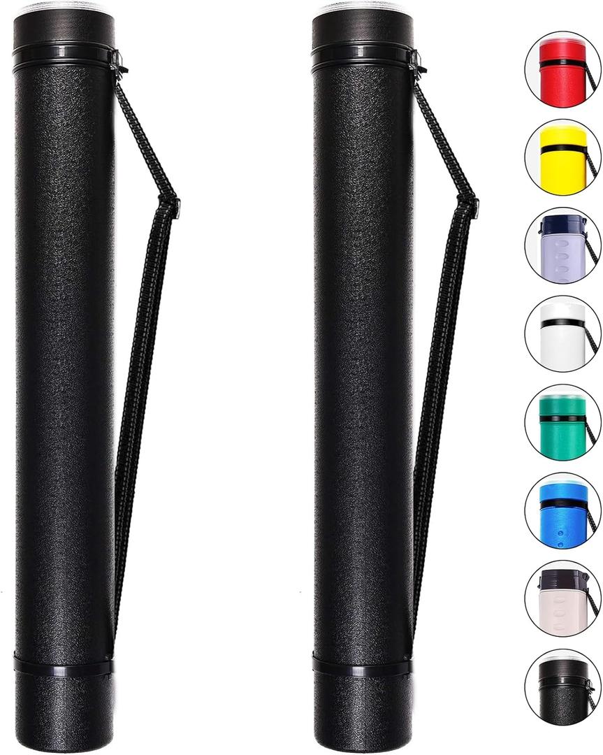 CALPALMY 2-Pack Extendable Poster Tubes Expand from 24.5 to 40 with Shoulder Strap | Carry Documents, Blueprints, Drawings and Art | Black Portable Durable Round Storage Cases with Lids and Labels, large