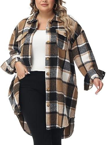 URBEST Women's Oversized Plaid Shacket | Soft Brushed Fabric | Casual Layering Top, Knee Length/Plus Size/Cropped