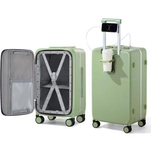 Hanke 20 Inch Carry On Luggage with Cup Holder and Charge,Top Opening Hard Shell Suitcases with Wheels and Dividers,Aluminum Frame Trunk Luggage Small Suitcase with Lock for Travel,Bamboo Green