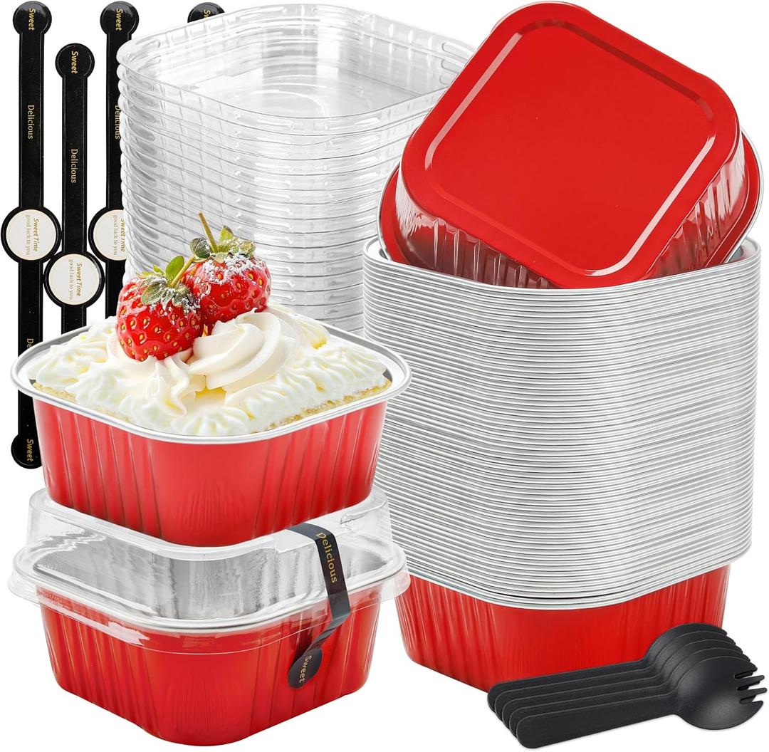 50 Pack Mini Cake Pans with Lids and Spoons Small Aluminum Foil Pans Square Baking Cups Disposable Ramekins Cupcake Liners for Brownie Pie (Red, 10 oz)