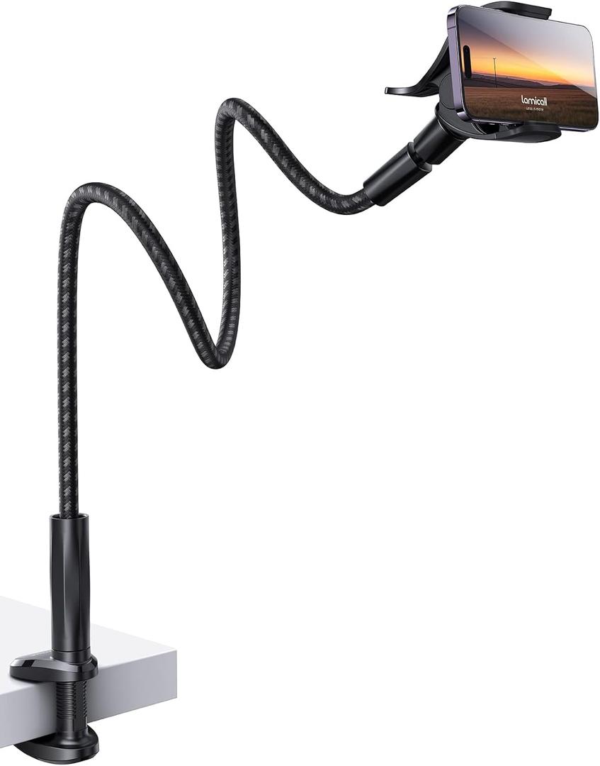 Lamicall Gooseneck Phone Holder Bed - [Nylon Braided] Flexible Arm, 38inch Overall Length, 360 Adjustable Clamp Clip, Overhead Cell Phone Mount Stand for Bed, Desk, 4-7 Cellphone (Black)