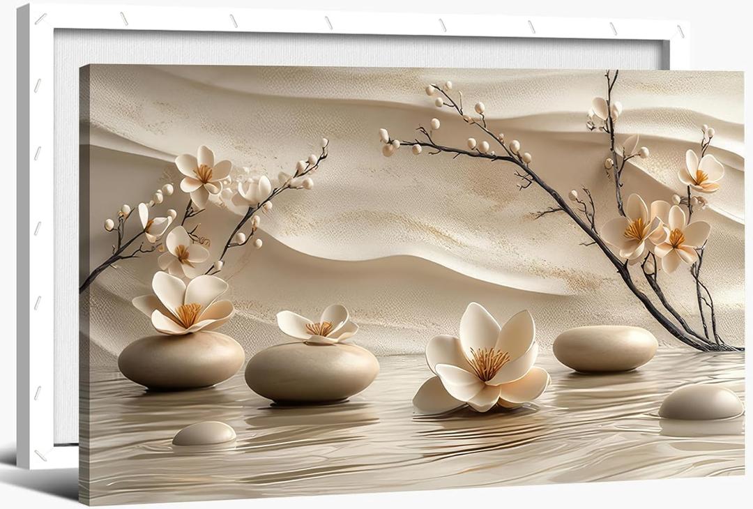 FEACFQKJ Zen Canvas Wall Art White Lotus Wall Decor Print Artwork Lotus Flowers Bloom Stones Spa Painting Pictures for yoga meditation room decoration 20x40in