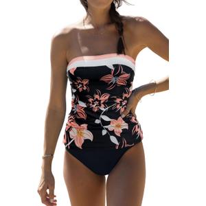Beachsissi Bandeau Swimsuits for Women Strapless Swimwear Bathing Suits Tummy Control Color Block Tankini Sets (Large, Black Flower)