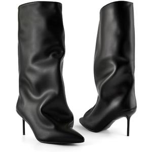Lunhonk Slouchy Knee High Boots Women, Black Boots with Pointed Toe Stiletto Heel Pull on Closure Shark Boot High Heel Boot for Women 40