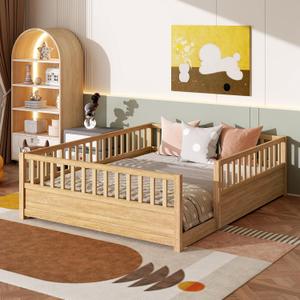 Bellemave Queen Floor Bed Frame with 21.4" High Fence, Solid Wood Queen Montessori Floor Bed for Kids, Low to Ground Full Enclosure Platform Beds, No Box Spring Needed, Natural