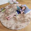 Amdrebio Tie-Dyed Beige Tan Round Circle Area Rug 5Ft for Bedroom, Fluffy Plush Shag Furry Rugs for Kids Room, Living Room Decor Aesthetic, Cute Fuzzy Neutral Carpet for Baby Nursery Playroom Dorm
