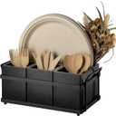 PTSTING Silverware Caddy Black Wood Silverware Holder Paper Plate Dispenser Utensil Caddy Cutlery Flatware Organizer Box for Spoons Forks Plates Napkins