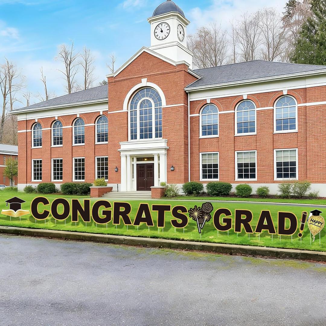 16 Pieces Congrats Grad Yard Signs 2026 Graduation Yard Sign Decoration Waterproof Lawn Decorations with 32 Stakes for Grad Party Outdoor Decor, Black Gold