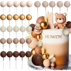 JeVenis 30 PCS Boho Beige Balls Cake Decorations Brown Balls Gold Balls Cake Topper Cake Decorating for Baby Shower Birthday Wedding