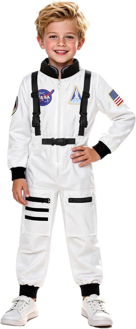 Astronaut Costume for Kid Boy Space Jumpsuit Space Outfit Pretend Dress up 3-12Years (8-10 Years, White)