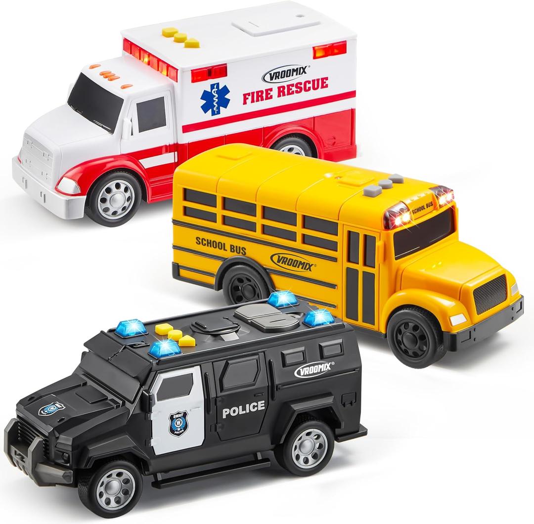 Vroomix JOVA Emergency and School Vehicle Toy Set  Friction Powered Police Car, Ambulance, Bus with Lights and Sounds  Educational and Safe Toy for Kids, Birthday Gift Boys and Girls