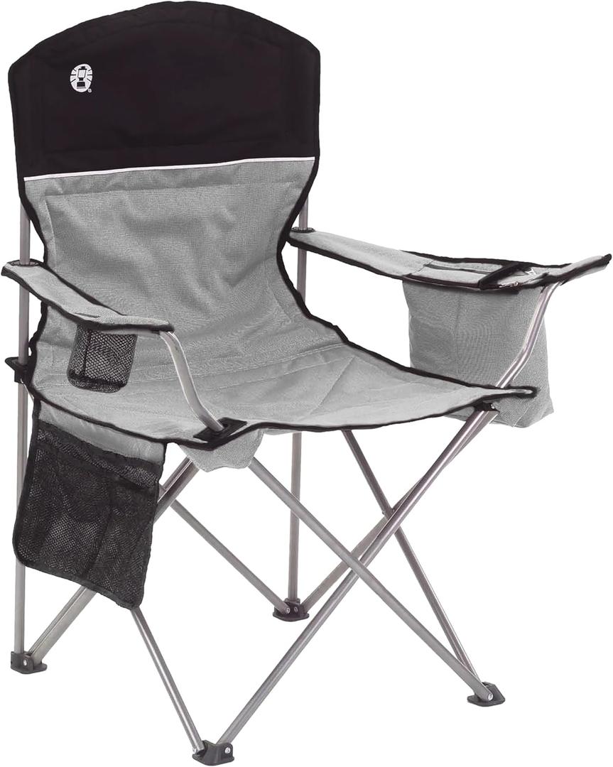 Coleman Portable Camping Chair with 4-Can Cooler, Cushioned Seat & Back with Side Pockets & Cup Holder, Carry Bag Included, Great for Camping, Tailgating, Firepits, Patio, & More (Grey)