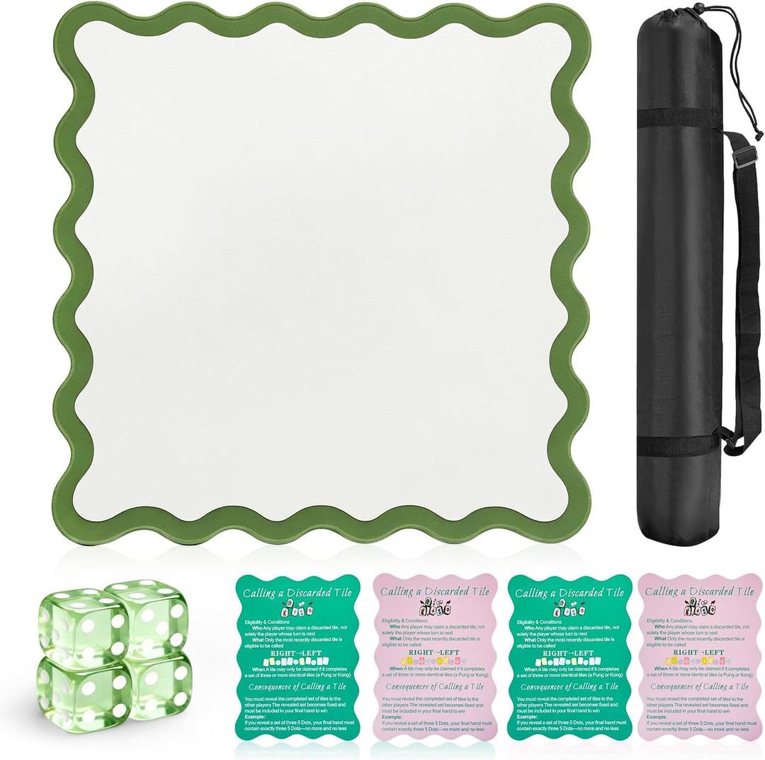 32.4in Scalloped Mahjong MatAnti Slip Noise Reduction Mahjong Accessoriemahjong Table MatMajiong Mat For TravelComes With 4 Dice And 1 Mahjong Mat Storage Bag,4 Mahjong Shuffle Cards (Green)