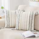 1 pcs decorUhome Decorative Boho Throw Pillow Covers 18x18, Accent Neutral Textured Tufted Pillow Covers Striped for Couch Bed Sofa Living Room, Light Grey and Cream White