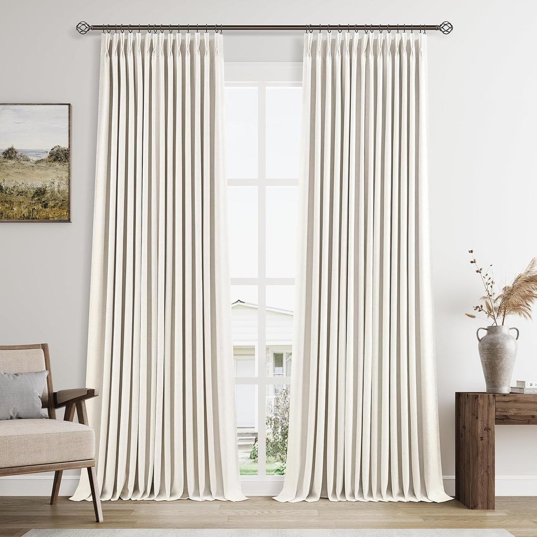 Linen 100% Black Out Pinch Pleated Curtains 110 Inches Long for Bedroom Boho Farmhouse Pinch Pleat Blackout Drapes with Liner Living Dining Room Thermal Insulated Room Darkening Curtain 40X110