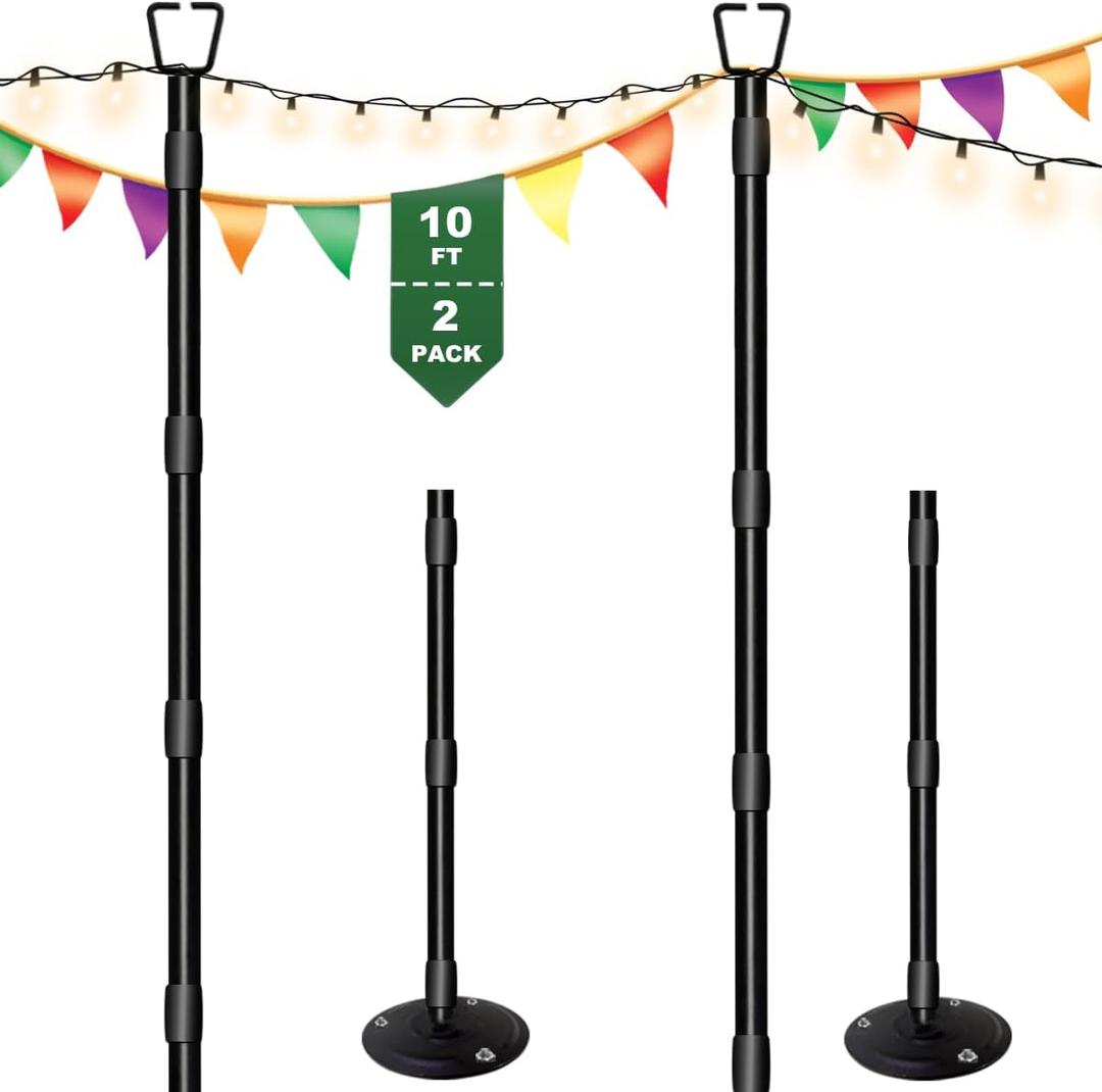 10Ft String Light Poles for Outside - 2 Pack Adjustable Metal Poles for Outdoor String Lights, Rustproof & Sturdy Light Stand Posts for Patio, Backyard, Deck, Garden, Party Decorations