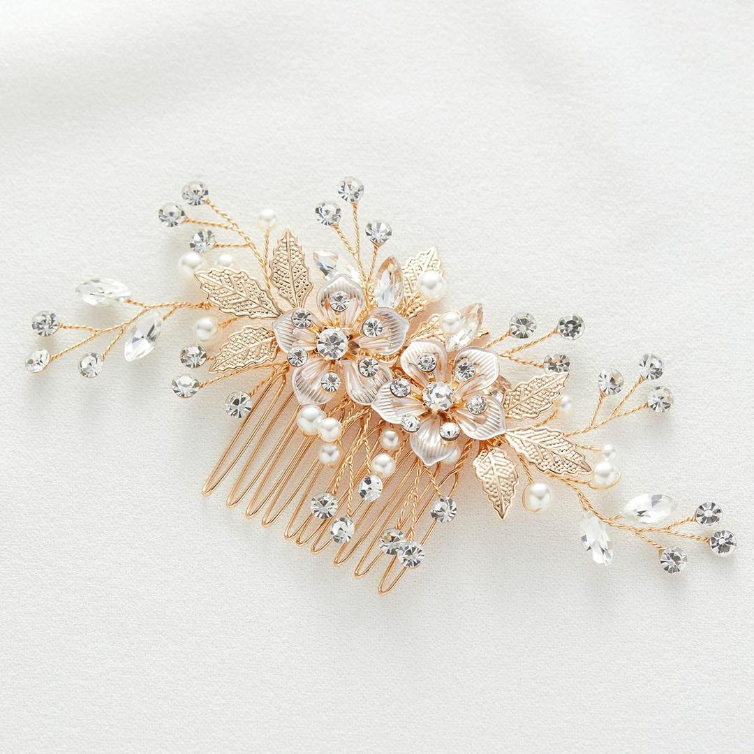 SWEETV Flower Bride Wedding Hair Comb Pearl Bridal Crystal Leaf Gold Headpiece Rhinestones Handmade Jewelry for Women and Girls