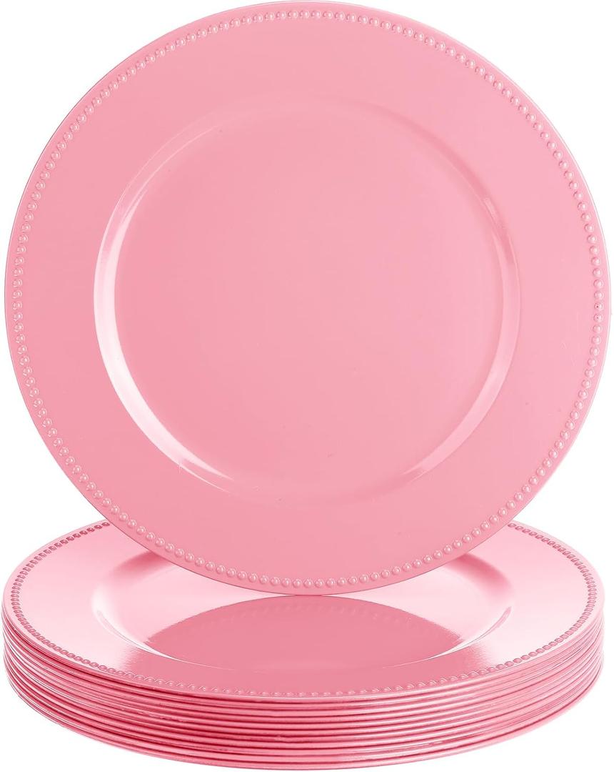 Gerrii 12 Pcs Metallic Bead Charger Plates 13 Inch Plastic Round Plates Bulk Wedding Beaded Chargers for Table Party Event Decoration(Pink,Beaded)