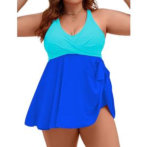Edelqual Womens Plus Size Tankinis Swimsuit Two Piece Tummy Control Bathing Suits Swim Dress Swimwear Maternity Cute Cruise Swimdress with Shorts (Turquoise & Blue, XL)