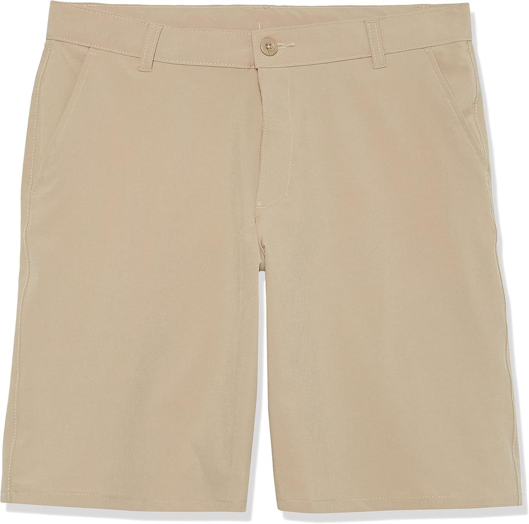 IZOD Boys' School Uniform Flat Front Khaki Shorts, Moisture Wicking Performance Fabric, Wrinkle & Fade Resistant (16, Khaki)