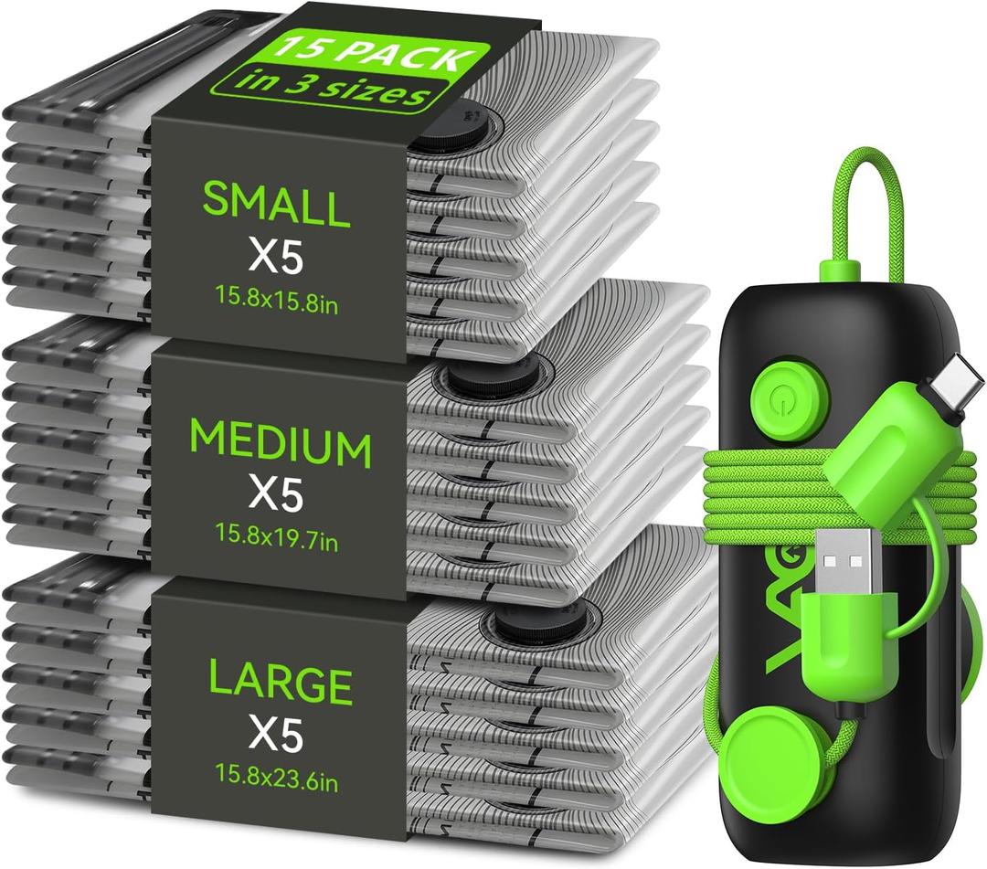 Vacuum Bags for Travel - USB Electric Pump, 15 Pack Carry-on Size Vacuum Seal Bags for Clothing - Space Saver Vacuum Storage Bags for Luggage, Travel Essentials.