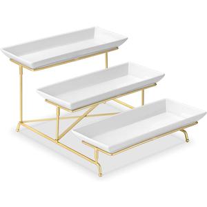 Yedio 3 Tier Serving Tray Set 14 Inch Porcelain Tiered Serving Platters, Collapsible Sturdier Stand with Stable Cross Bars, Three Layer Serving for Party Entertaining Food Display Fruit Dessert (15" x 13" x 9", Gold)